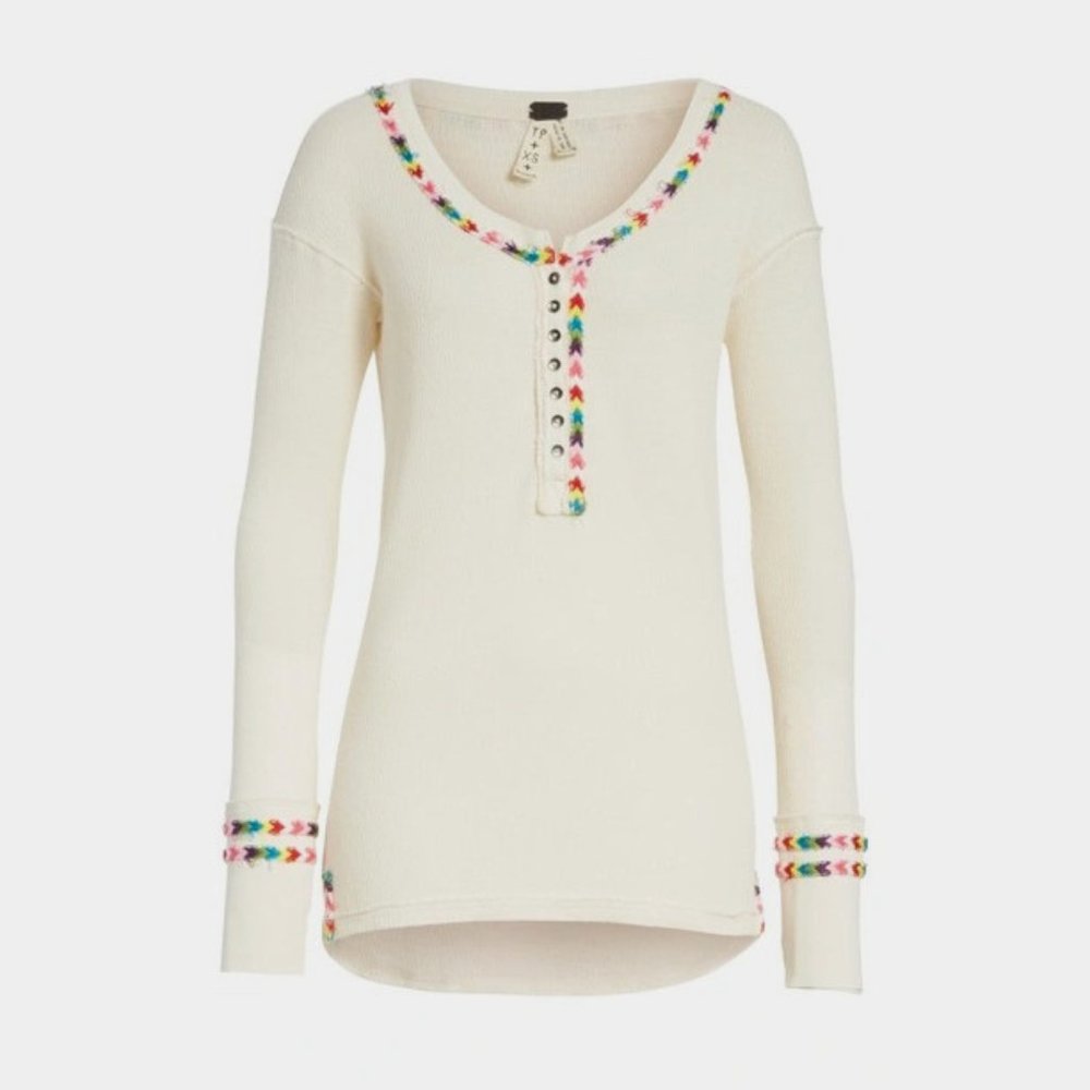 Womens Size XS Free People Anthropologie White Rainbow Thermal Henley Top
